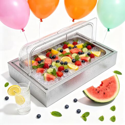 Ice Food Serving Display Tray for Party, Buffet Cold Serving Cooler Platter with Ice Box, Large Stainless Steel Chilled Food Display Container for Salad Sushi Shrimp, 1.59 Gal in Kuwait