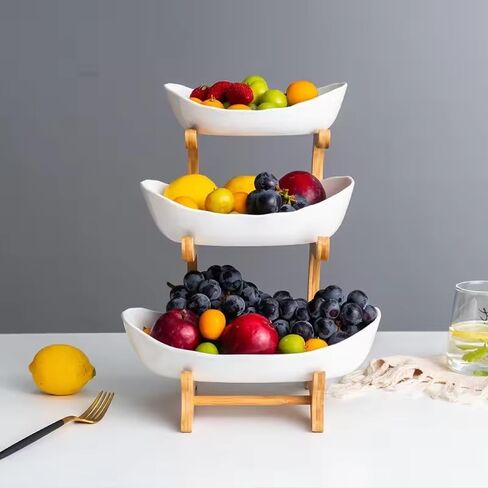 D'CENT EVERYDAY LUXURY - وعاء فواكه من السيراميك مكون من 3 طبقات مع حامل من خشب الخيزران لطاولة المطبخ، وسلة فواكه من البورسلين لتخزين الخضروات، ورف أطباق صينية كعكة الحلوى والوجبات الخفيفة لحفلات الزفاف - أبيض in Kuwait
