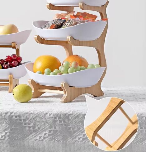 D'CENT EVERYDAY LUXURY - وعاء فواكه من السيراميك مكون من 3 طبقات مع حامل من خشب الخيزران لطاولة المطبخ، وسلة فواكه من البورسلين لتخزين الخضروات، ورف أطباق صينية كعكة الحلوى والوجبات الخفيفة لحفلات الزفاف - أبيض in Kuwait