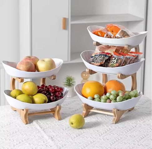 D'CENT EVERYDAY LUXURY - وعاء فواكه من السيراميك مكون من 3 طبقات مع حامل من خشب الخيزران لطاولة المطبخ، وسلة فواكه من البورسلين لتخزين الخضروات، ورف أطباق صينية كعكة الحلوى والوجبات الخفيفة لحفلات الزفاف - أبيض in Kuwait