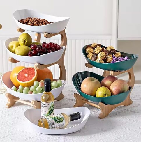 D'CENT EVERYDAY LUXURY - وعاء فواكه من السيراميك مكون من 3 طبقات مع حامل من خشب الخيزران لطاولة المطبخ، وسلة فواكه من البورسلين لتخزين الخضروات، ورف أطباق صينية كعكة الحلوى والوجبات الخفيفة لحفلات الزفاف - أبيض in Kuwait