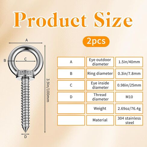2 Pcs 4 Inch Eyes Hooks Screws, Eye Bolts for Wood Eye Hooks Heavy Duty M10 Self Tapping Eyelet Screws 304 Stainless Steel–700LBS Load Capacity for Outdoor Hammock Stands, Yoga and Swing Chairs in Kuwait