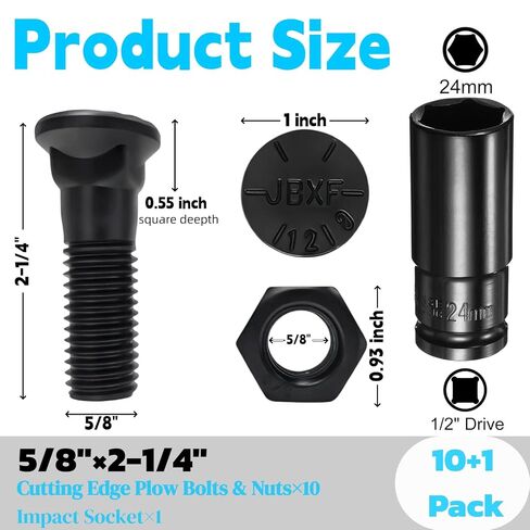 5/8 Cutting Edge Plow Bolts Nuts with Impact Socket,5/8" x2-1/4 Grader Blade Bolts,Dome Head Grade 8 for JCB Kubota New Holland, Snow Plow Tractor Loader Construction Machinery Accessories-11 Pack in Kuwait