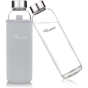 زجاجة ماء من Ryaco borosilicate الزجاجية 1000 مل/1L BPA مثالية للتسرب المثالي للمكتب المنزلي للمدرسة Sport Yoga Gym مشروبات باردة مع النيوبرين المحمولة تحمل الأكمام والفرشاة الإسفنج in Kuwait