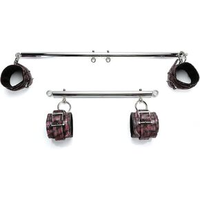 Spreader Bar Set – Heavy Duty Stainless Steel 2 Silver Bar, 4 PU Pink Skull Embossed Straps, & Drawstring Bag – Ideal for Yoga, Pilates, Strength Training, Home Gym in Saudi Arabia