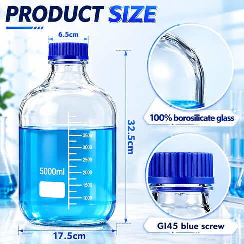 5000 ml Storage Glass Bottle, Round Media Storage Bottle with Blue GL45 Screw Cap Borosilicate Glass Scientific Graduated Media Container for Lab Water Reagent Liquids in Kuwait