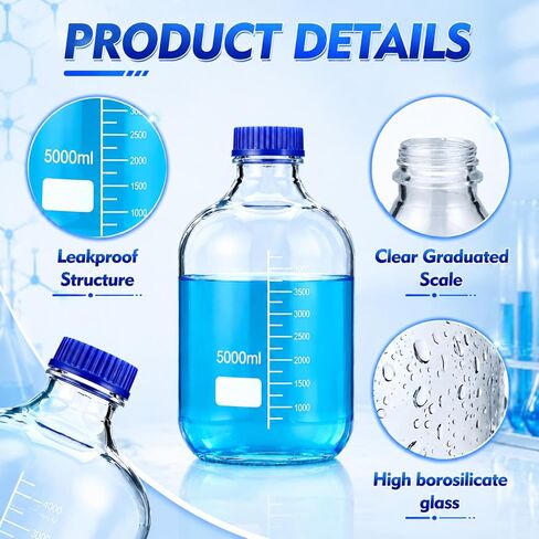 5000 ml Storage Glass Bottle, Round Media Storage Bottle with Blue GL45 Screw Cap Borosilicate Glass Scientific Graduated Media Container for Lab Water Reagent Liquids in Kuwait
