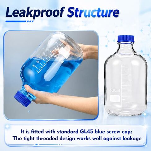 5000 ml Storage Glass Bottle, Round Media Storage Bottle with Blue GL45 Screw Cap Borosilicate Glass Scientific Graduated Media Container for Lab Water Reagent Liquids in Kuwait