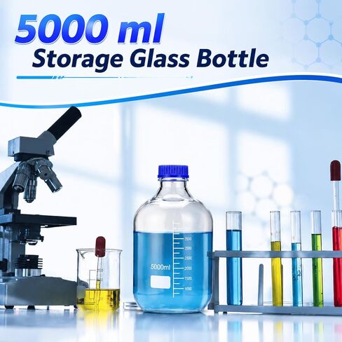 5000 ml Storage Glass Bottle, Round Media Storage Bottle with Blue GL45 Screw Cap Borosilicate Glass Scientific Graduated Media Container for Lab Water Reagent Liquids in Kuwait