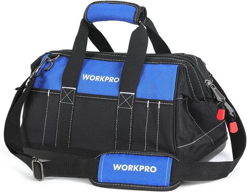 WORKPRO 16-Inch Wide Mouth Tool Bag with Water Proof Molded Base | Multi-Pocket, Heavy Duty Cloth, Adjustable Shoulder Strap, Double-pull Zipper, For Workshops, Outdoor Projects in Kuwait