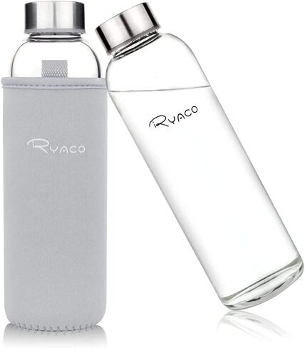 زجاجة ماء من Ryaco borosilicate الزجاجية 1000 مل/1L BPA مثالية للتسرب المثالي للمكتب المنزلي للمدرسة Sport Yoga Gym مشروبات باردة مع النيوبرين المحمولة تحمل الأكمام والفرشاة الإسفنج in Kuwait