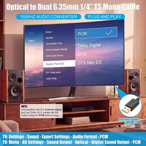 Sabary 192KHz DAC Optical to Dual 6.35mm Converter, 9.8ft Optical Audio Cable to Dual 6.35mm 1/4" TS Mono Audio Adapter, Digital to Analog Audios Converter for Set-top Boxes, HDTV, DVD in Kuwait