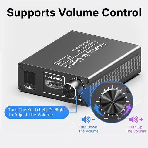 محول صوت تناظري إلى رقمي RCA 3.5 ملم إلى محول بصري Toslink | يأتي مع مقبض التحكم في مستوى الصوت، وكابلات RCA، وكابلات ضوئية لمكبرات الصوت PS5 PS4 DVD in Kuwait