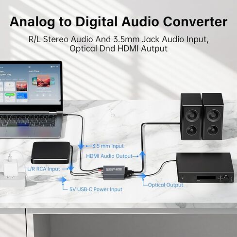 محول صوت تناظري إلى رقمي RCA 3.5 ملم إلى محول بصري Toslink | يأتي مع مقبض التحكم في مستوى الصوت، وكابلات RCA، وكابلات ضوئية لمكبرات الصوت PS5 PS4 DVD in Kuwait