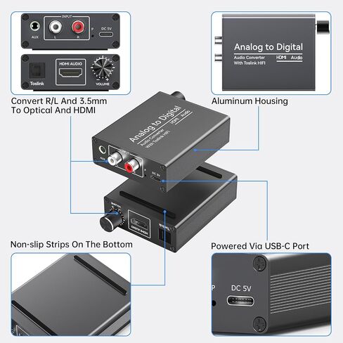 محول صوت تناظري إلى رقمي RCA 3.5 ملم إلى محول بصري Toslink | يأتي مع مقبض التحكم في مستوى الصوت، وكابلات RCA، وكابلات ضوئية لمكبرات الصوت PS5 PS4 DVD in Kuwait