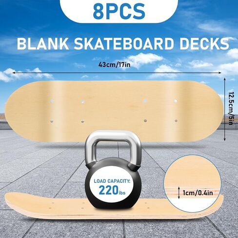 8 Pack Blank Skateboard Decks Bulk, 17 x 5 Inch 7-Layer Maple Double Tail Skateboard Mini Maple Skateboard Natural Wood for DIY Painting Wall Home Decoration in Kuwait