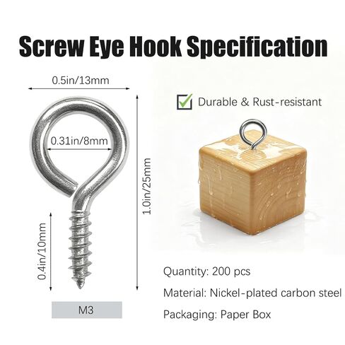 200 Pcs 1 Inch Screw Eye Hooks, Self Tapping Eye Bolts Screw Eye Pins, Small Metal Eyelet Screws Ring Screws, Rust-Resistant Screw Eyes for Wood Hanging Artwork M3 in Kuwait