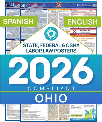 ملصق قانون العمل في ولاية أوهايو لعام 2026 - الامتثال الحكومي والفيديرالي باللغة الإسبانية - OSHA وEEOC وFMLA والحد الأدنى للأجور - ملصق توظيف متين ومصفح ومقاوم للماء - صنع في الولايات المتحدة الأمريكية - 26 بوصة × 39.5 بوصة in Kuwait