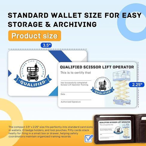 50 حزمة من بطاقات التدريب على سلامة مشغل الرفع الجوي - بطاقة محفظة PVC متينة لتدريب OSHA، املأ الاسم وقائمة المراجعة لرفع المقص، ورفع الذراع، ومشغلي MEWP، 3.5 بوصة × 2.25 بوصة in Kuwait