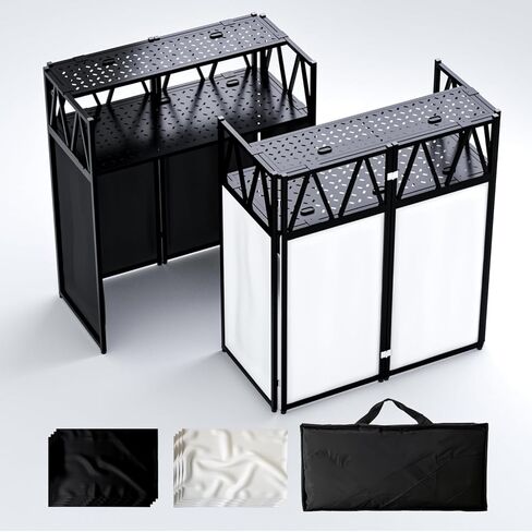 DJ Table Stand Portable DJ Booth，Heavy-Duty Foldable D J Facade Booth with Black & White Scrim All-Metal with Cable Hole and Carry Bag, for Parties,Events,Small Studios in Kuwait