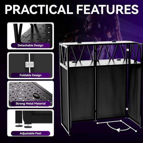 DJ Table Stand Portable DJ Booth，Heavy-Duty Foldable D J Facade Booth with Black & White Scrim All-Metal with Cable Hole and Carry Bag, for Parties,Events,Small Studios in Kuwait