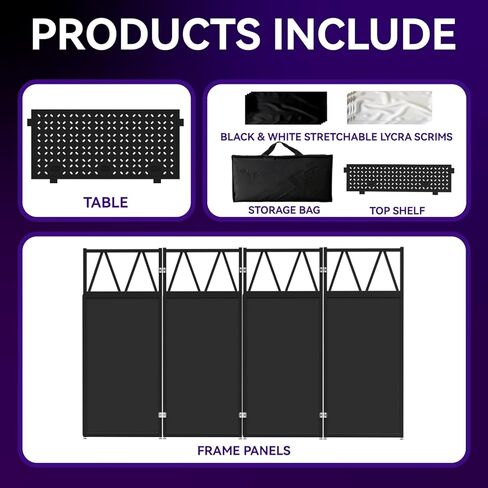 DJ Table Stand Portable DJ Booth，Heavy-Duty Foldable D J Facade Booth with Black & White Scrim All-Metal with Cable Hole and Carry Bag, for Parties,Events,Small Studios in Kuwait