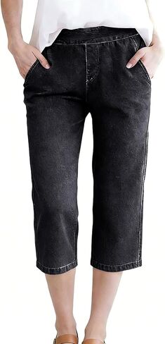 Denim Capris Pants for Women Wide Leg Cropped Jeans Stretchy Denim Capris Casual Summer Ladies Capri Pants with Pocket in Kuwait
