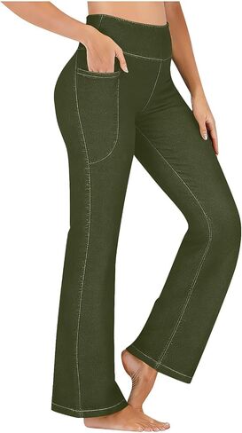 Womens Flare Yoga Pants with Pockets Fake Jeans Elastic High Waist Flared Leggings Bell Bottom Gym Workout Leggings in Kuwait
