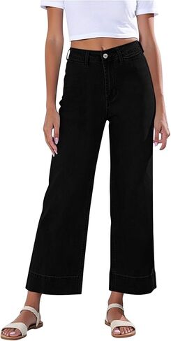 Capris Jeans for Women High Waisted with Pockets Stretchy Straight Wide Leg Cropped Hiking Pants Loose Fit Denim Pants in Kuwait