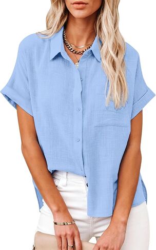 Womens Casual Button Down Shirt Short Sleeve Cotton Linen Blouses Ladies Collared Button Up Summer Beach Tops Outfits in Saudi Arabia