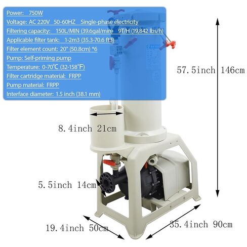 Electroplating Solution Filter High Flow Industrial Filter | 220V 750W, Self-Priming Pump, 6Pcs 20In Filter element, 150L/MIN, Chemical Liquid Circulation Filter for Nickel Plating in Kuwait