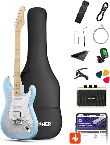 Donner DST-90 Electric Guitar, 39" Full Size Beginner Electric Guitar Kit with Amp, HSS Pickup, Gig Bag, Tuner, Capo, Strap, Strings, Cable, Picks, Caribbean Burst in Kuwait
