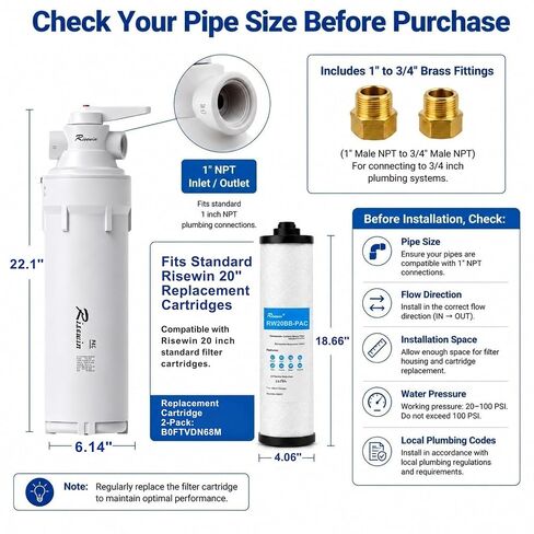20 Inch Whole House Water Filter Housing with 4-Way Bypass, Flush Mode, 1" NPT, 16GPM High Flow, Heavy Duty and Freeze Resistant for Well Water, Farms, Large Homes and Commercial Systems in Kuwait