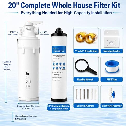 20 Inch Whole House Water Filter Housing with 4-Way Bypass, Flush Mode, 1" NPT, 16GPM High Flow, Heavy Duty and Freeze Resistant for Well Water, Farms, Large Homes and Commercial Systems in Kuwait