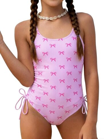 Girls One Piece Swimsuit Cute Floral Print Adjustable Straps Side Ruched Drawstring Swimwear Bathing Suit in Saudi Arabia