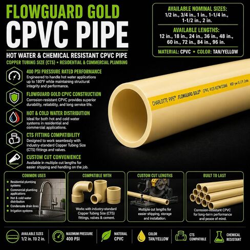 أنبوب CPVC ذهبي مقاس 3/4 بوصة، حجم الأنابيب النحاسية، مقاوم للماء الساخن والمواد الكيميائية، للسباكة التجارية السكنية (0.75، 3/4 بوصة (0.875 بوصة OD / 0.715 بوصة معرف)، بوصة، 12 بوصة) in Kuwait