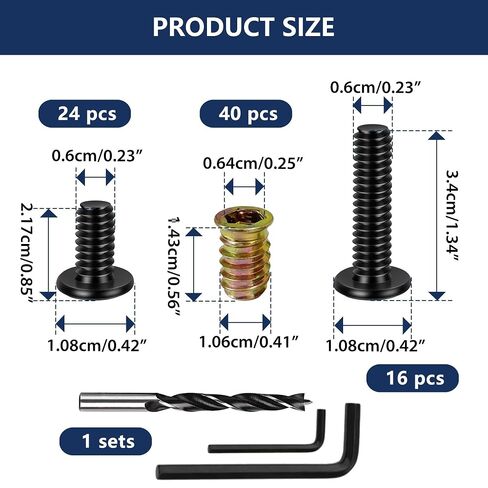 Wood Screw Inserts Kit 40 Sets 1/4"-20 – Furniture Hardware with 3/4" & 1-1/4" Hex Bolts, Pilot Drill Bit, 2 Wrenches for Furniture Assembly, Stripped Hole Repair in Saudi Arabia