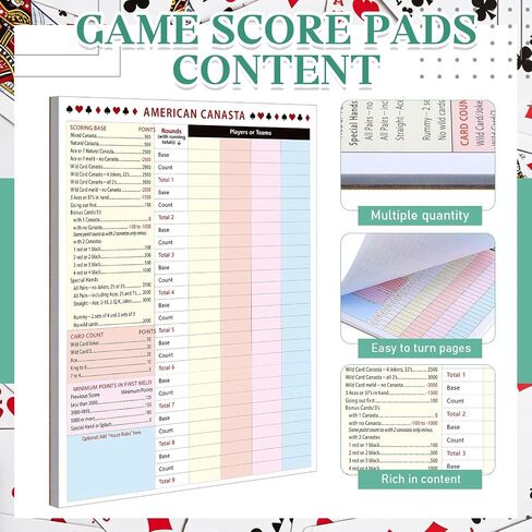 Affrolling 2 Pcs Colorful Canasta Score Pads, Canasta Score Sheets with Game Instructions and Trick Values for Scorekeeping, Fit for Family Game Night and Travel, 50 Sheets Each, 7 x 5.5 Inch. in Kuwait