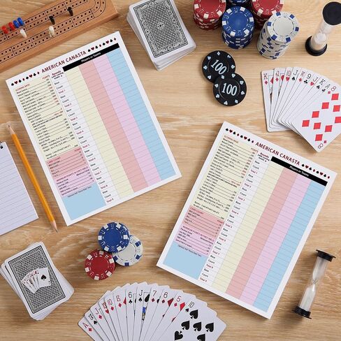 Affrolling 2 Pcs Colorful Canasta Score Pads, Canasta Score Sheets with Game Instructions and Trick Values for Scorekeeping, Fit for Family Game Night and Travel, 50 Sheets Each, 7 x 5.5 Inch. in Kuwait