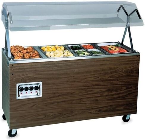 60-inch 120-volt four-well 2-Series hot-food station with walnut woodgrain base, storage compartment and buffet-style breath guards in Kuwait