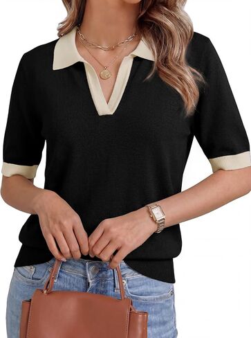 Women's Wool Blend V Neck Polo Sweater Lightweight Short Sleeve Knit Top for Casual and Office Wear in Saudi Arabia