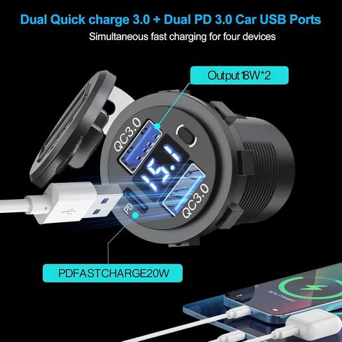 منفذ USB 12 فولت ملحق RV لوحة مفاتيح بحرية 12 فولت، مزدوج PD20W وQC18W مع ​​مفتاح منفذ USB للسيارة، موصل أنديسون، مقبس ولاعة سجائر 150 وات، غطاء مقاوم للماء 4 في 1 مجموعة DIY in Kuwait