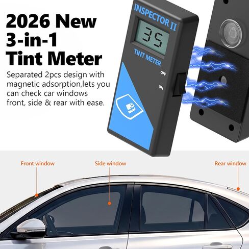 Upgrade 3-in-1 Tint Meter for Car Front/Side/Rear Windows, with 2PCS Tinted Cards,Digital Window Tint Meter, Solar Film VLT Meter with Automatic Calibration, Pocket-Sized, Use Out of Box in Kuwait