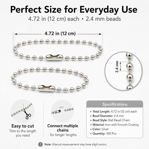 100 Pcs Ball Bead Chain Keychain, 3.94 Inch Metal Beaded Chain with Sturdy Connector Clasp, 2.2mm Beads for Dog Tags, ID Badges, Jewelry Making, DIY Crafts & Hanging Decorations (Silver) in Kuwait