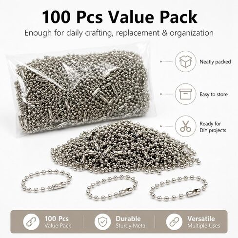 100 Pcs Ball Bead Chain Keychain, 3.94 Inch Metal Beaded Chain with Sturdy Connector Clasp, 2.2mm Beads for Dog Tags, ID Badges, Jewelry Making, DIY Crafts & Hanging Decorations (Silver) in Kuwait
