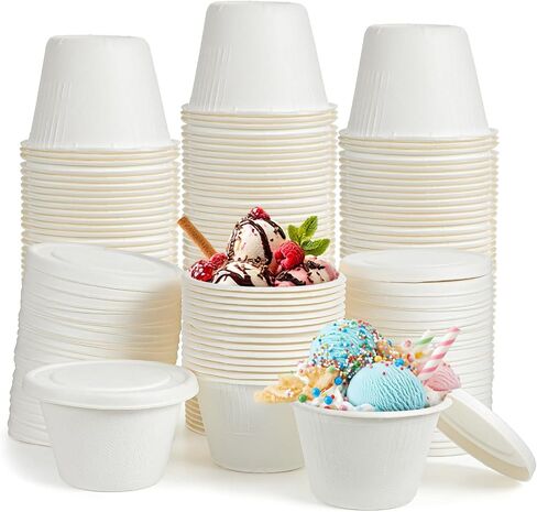 100 Sets 4 oz Paper Containers with Lids, Disposable Ice Cream Containers with Lids, White Bagasse Fiber Portion Cups for Sauces, Condiments, Desserts, Souffle, 2.95" Wide in Kuwait