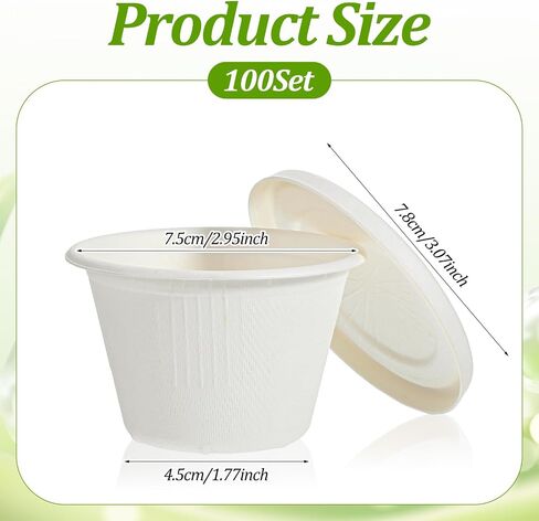 100 Sets 4 oz Paper Containers with Lids, Disposable Ice Cream Containers with Lids, White Bagasse Fiber Portion Cups for Sauces, Condiments, Desserts, Souffle, 2.95" Wide in Kuwait