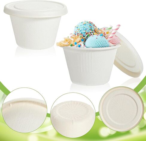 100 Sets 4 oz Paper Containers with Lids, Disposable Ice Cream Containers with Lids, White Bagasse Fiber Portion Cups for Sauces, Condiments, Desserts, Souffle, 2.95" Wide in Kuwait