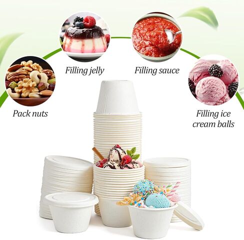 100 Sets 4 oz Paper Containers with Lids, Disposable Ice Cream Containers with Lids, White Bagasse Fiber Portion Cups for Sauces, Condiments, Desserts, Souffle, 2.95" Wide in Kuwait