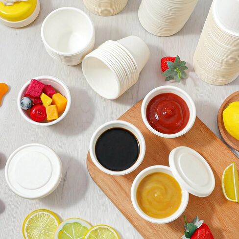 100 Sets 4 oz Paper Containers with Lids, Disposable Ice Cream Containers with Lids, White Bagasse Fiber Portion Cups for Sauces, Condiments, Desserts, Souffle, 2.95" Wide in Kuwait